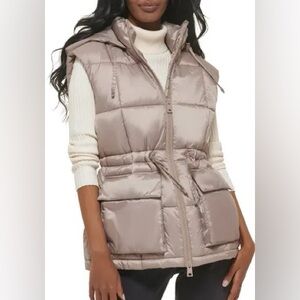 Levi's Taupe Hooded Puffer Vest Drawstring Waist Size Medium